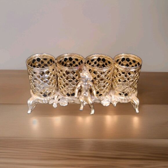 Vintage Sam Fink Gold Filigree Ornate 4 Tube Lipstick Holder with Cherub - Picture 1 of 7